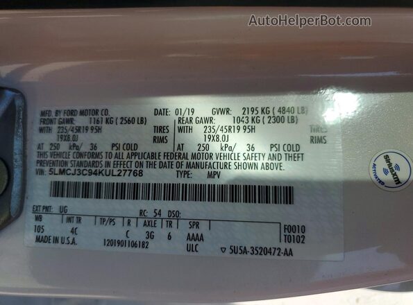 5LMCJ3C94KUL27768 2019 LINCOLN MKC White Вид наклейки з VIN-кодом