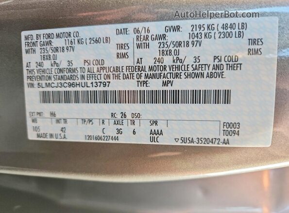 5LMCJ3C96HUL13797 2017 LINCOLN MKC Silver Widok naklejki z numerem VIN
