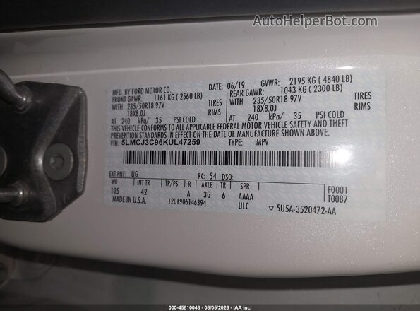 5LMCJ3C96KUL47259 2019 LINCOLN MKC White Engine compartment view