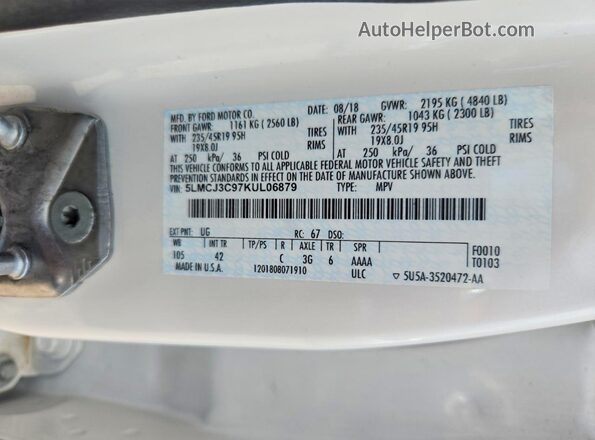 5LMCJ3C97KUL06879 2019 LINCOLN MKC White VIN կոդի պիտակի տեսք