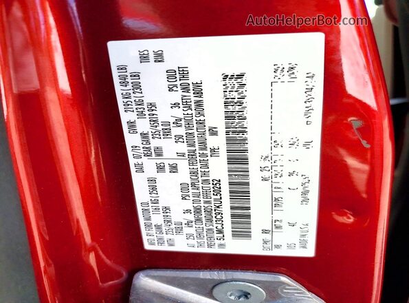 5LMCJ3C97KUL50252 2019 LINCOLN MKC Red VIN sticker view