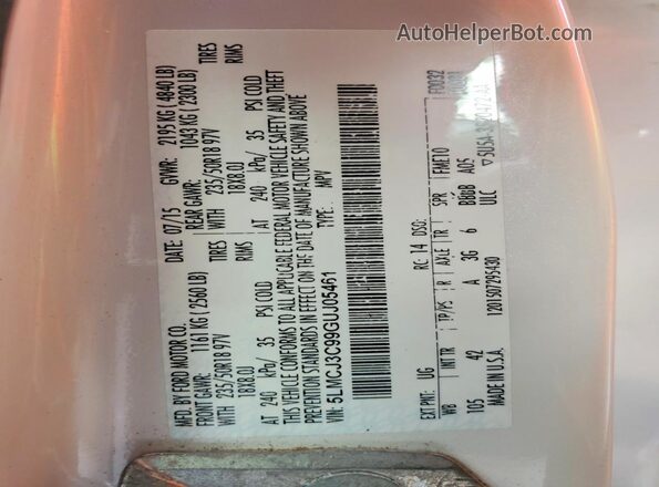 5LMCJ3C99GUJ05461 2016 LINCOLN MKC White VIN sticker view