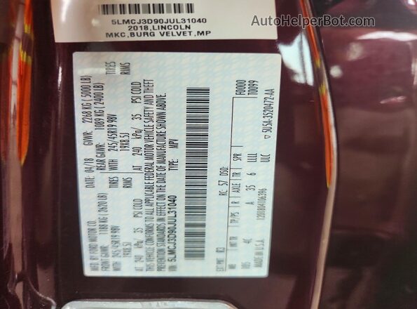 5LMCJ3D90JUL31040 2018 LINCOLN MKC Red Engine compartment view