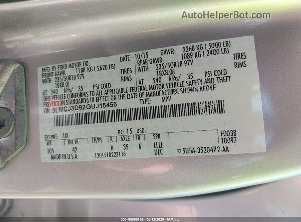 5LMCJ3D92GUJ15456 2016 LINCOLN MKC Серебряный Вид подкапотного пространства