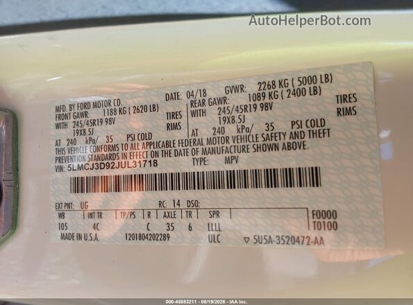 5LMCJ3D92JUL31718 2018 LINCOLN MKC White Շարժիչի բաժամունքի տեսք