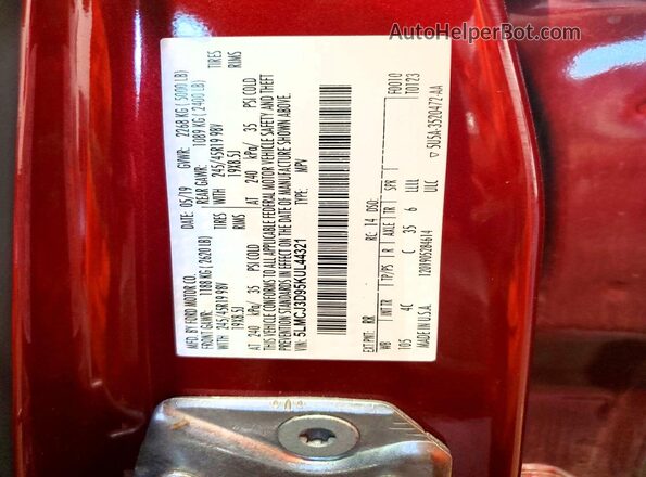 5LMCJ3D95KUL44321 2019 LINCOLN MKC Red VIN sticker view