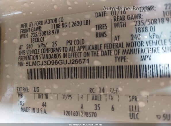 5LMCJ3D96GUJ26671 2016 LINCOLN MKC Белый Вид подкапотного пространства