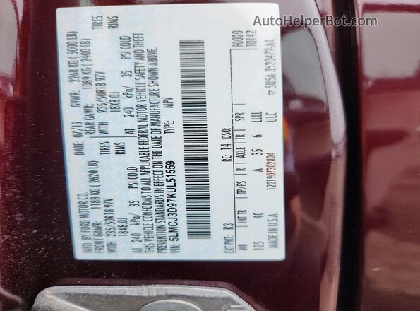5LMCJ3D97KUL51559 2019 LINCOLN MKC Burgundy Widok wnętrza 360 stopni