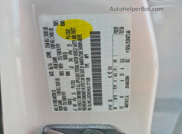 5LMCJ3D9XHUL11128 2017 LINCOLN MKC White Вид наклейки з VIN-кодом