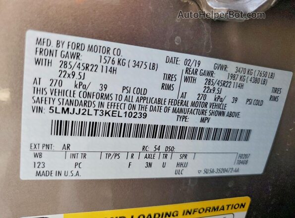 5LMJJ2LT3KEL10239 2019 LINCOLN NAVIGATOR Коричневый Вид наклейки с VIN-кодом