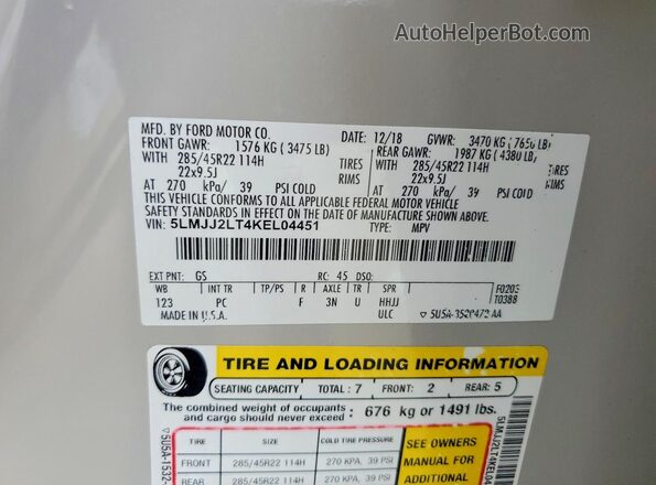5LMJJ2LT4KEL04451 2019 LINCOLN NAVIGATOR Белый Вид наклейки с VIN-кодом