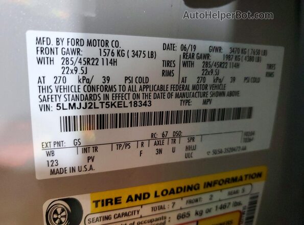 5LMJJ2LT5KEL18343 2019 LINCOLN NAVIGATOR Silver Widok naklejki z numerem VIN