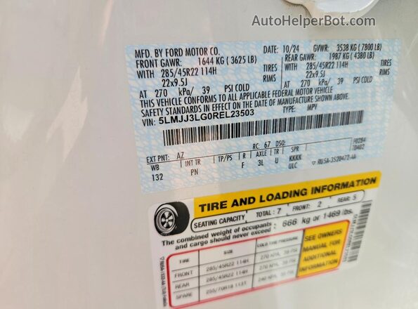 5LMJJ3LG0REL23503 2024 LINCOLN NAVIGATOR White Панорамний вид салону 360°