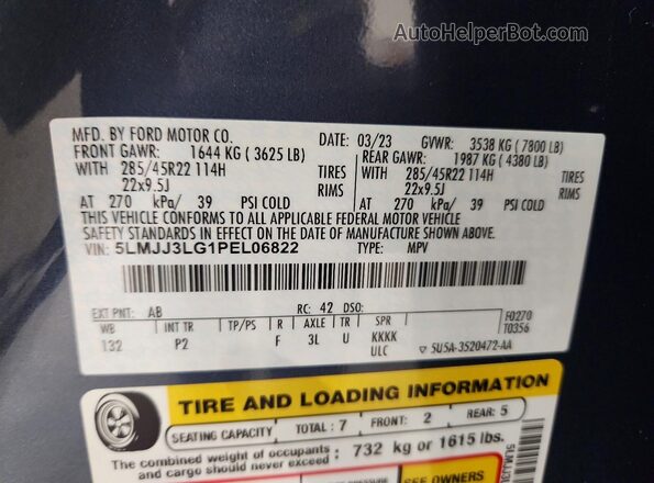 5LMJJ3LG1PEL06822 2023 LINCOLN NAVIGATOR Синий Вид наклейки с VIN-кодом
