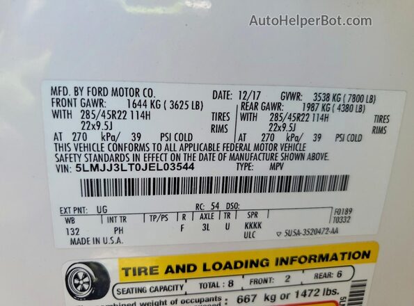 5LMJJ3LT0JEL03544 2018 LINCOLN NAVIGATOR Белый Вид наклейки с VIN-кодом