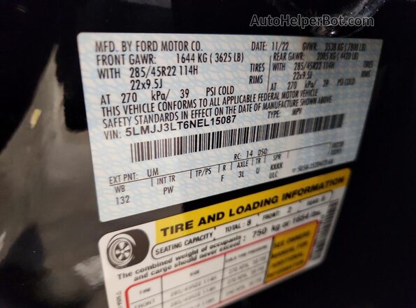 5LMJJ3LT6NEL15087 2022 LINCOLN NAVIGATOR Black Vista de la etiqueta del VIN