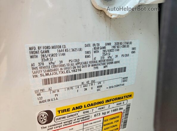 5LMJJ3LTXLEL18216 2020 LINCOLN NAVIGATOR White Widok naklejki z numerem VIN