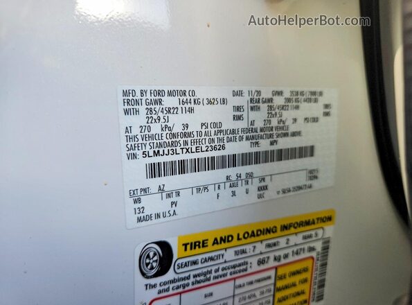 5LMJJ3LTXLEL23626 2020 LINCOLN NAVIGATOR White VIN sticker view