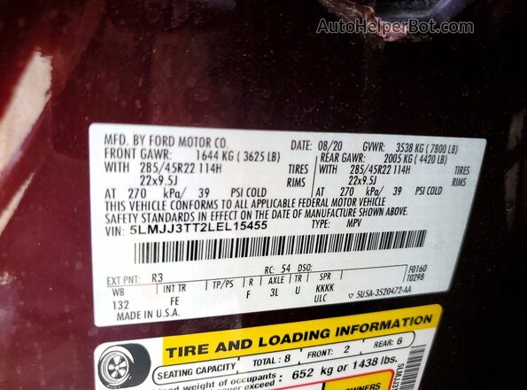 5LMJJ3TT2LEL15455 2020 LINCOLN NAVIGATOR Maroon Vista de la etiqueta del VIN