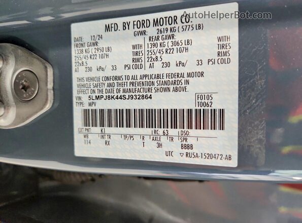5LMPJ8K44SJ932864 2025 LINCOLN NAUTILUS Blue Вид наклейки з VIN-кодом