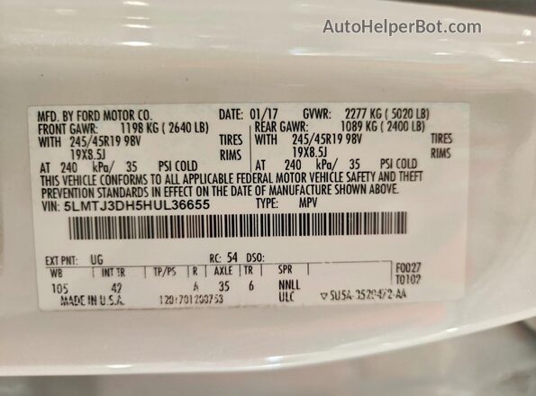5LMTJ3DH5HUL36655 2017 LINCOLN MKC White Вид підкапотного простору