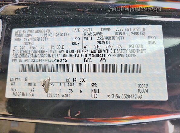 5LMTJ3DH7HUL49312 2017 LINCOLN MKC Черный Вид наклейки с VIN-кодом
