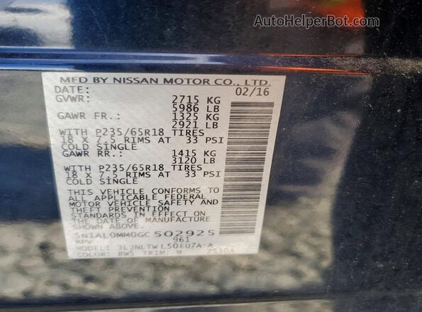 5N1AL0MM0GC502925 2016 INFINITI QX60 Blue VIN կոդի պիտակի տեսք