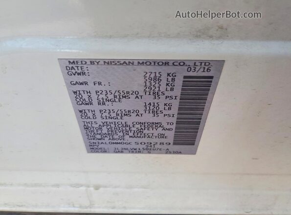 5N1AL0MM0GC509289 2016 INFINITI QX60 White VIN կոդի պիտակի տեսք