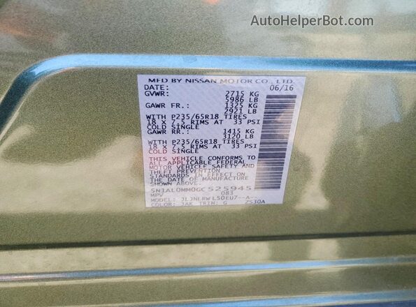 5N1AL0MM0GC525945 2016 INFINITI QX60 Green VIN sticker view