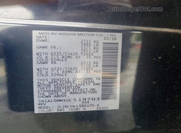 5N1AL0MM1GC519703 2016 INFINITI QX60 Blue Vista de la etiqueta del VIN
