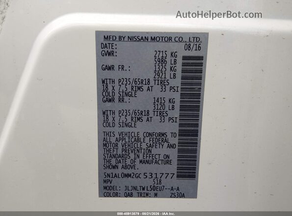 5N1AL0MM2GC531777 2016 INFINITI QX60 White Vista del compartimento del motor