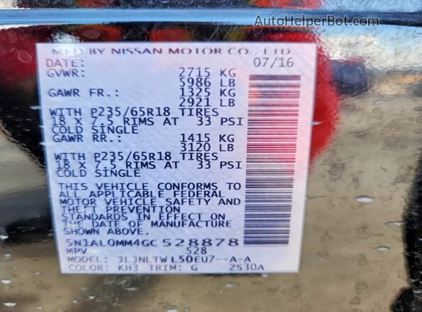 5N1AL0MM4GC528878 2016 INFINITI QX60 Black VIN կոդի պիտակի տեսք