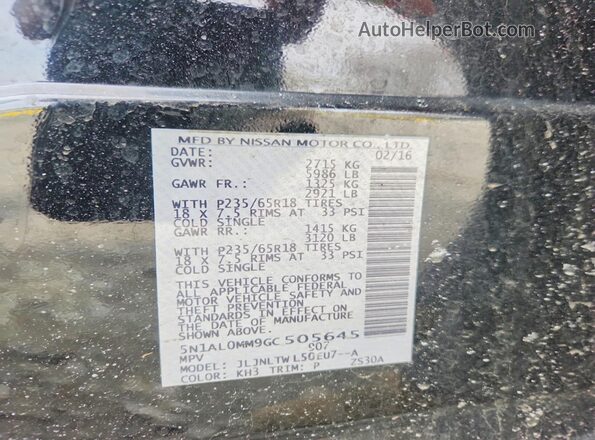 5N1AL0MM9GC505645 2016 INFINITI QX60 Black VIN კოდის სტიკერის ხედი
