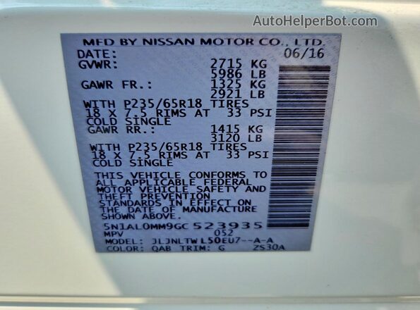 5N1AL0MM9GC523935 2016 INFINITI QX60 White VIN კოდის სტიკერის ხედი