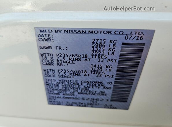5N1AL0MM9GC529623 2016 INFINITI QX60 White VIN կոդի պիտակի տեսք