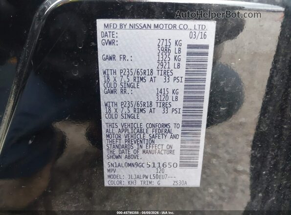5N1AL0MN9GC511650 2016 INFINITI QX60 Black Շարժիչի բաժամունքի տեսք