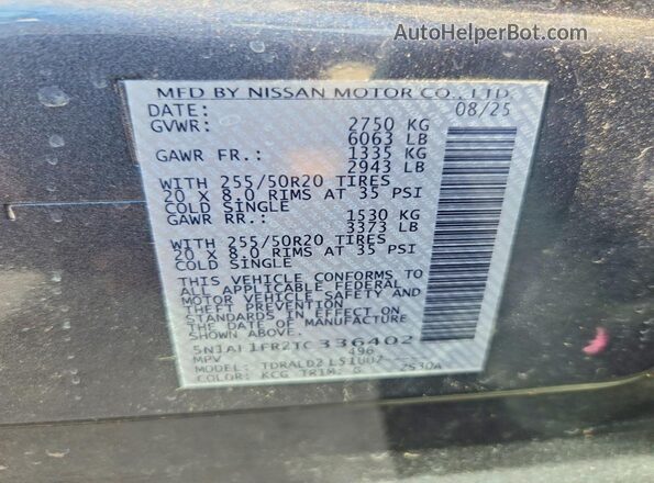 5N1AL1FR2TC336402 2026 INFINITI QX60 Gray VIN sticker view