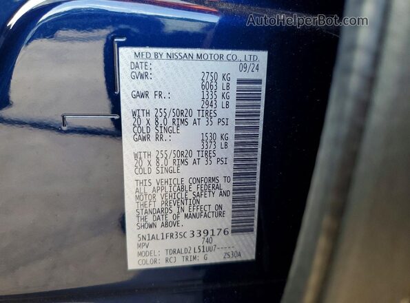 5N1AL1FR3SC339176 2025 INFINITI QX60 Blue VIN sticker view