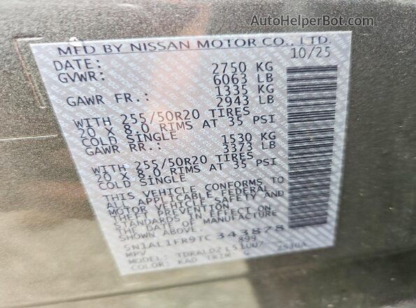 5N1AL1FR9TC343878 2026 INFINITI QX60 Gray Вид наклейки з VIN-кодом