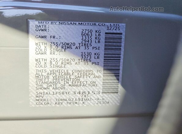 5N1AL1FS8TC348153 2026 INFINITI QX60 Gray VIN კოდის სტიკერის ხედი