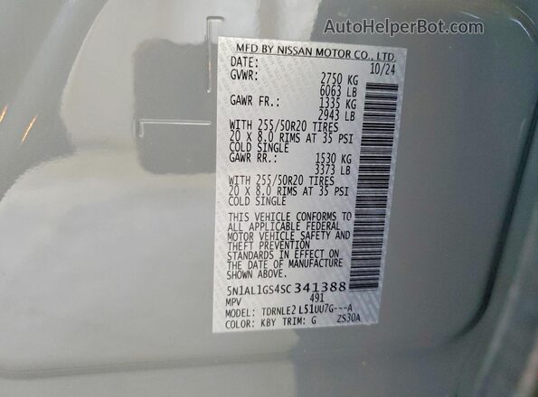 5N1AL1GS4SC341388 2025 INFINITI QX60 Серый Вид наклейки с VIN-кодом