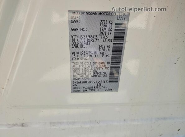 5N1AR2MM0GC612335 2016 NISSAN PATHFINDER White Vista de la etiqueta del VIN