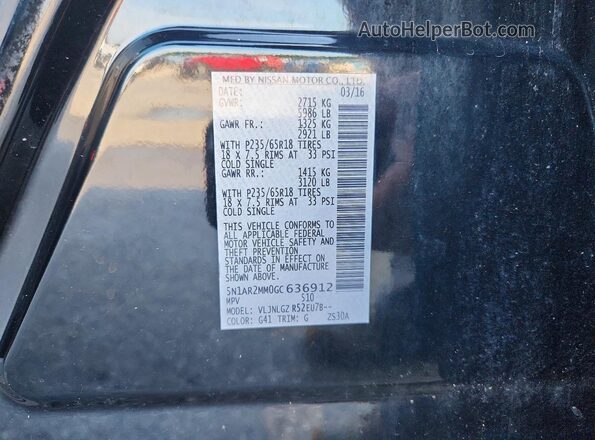 5N1AR2MM0GC636912 2016 NISSAN PATHFINDER Black Вид наклейки з VIN-кодом