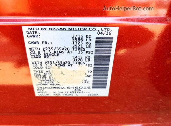 5N1AR2MM0GC646016 2016 NISSAN PATHFINDER Красный Вид наклейки с VIN-кодом
