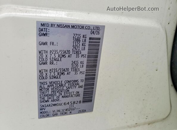 5N1AR2MM1GC645828 2016 NISSAN PATHFINDER White Вид наклейки з VIN-кодом