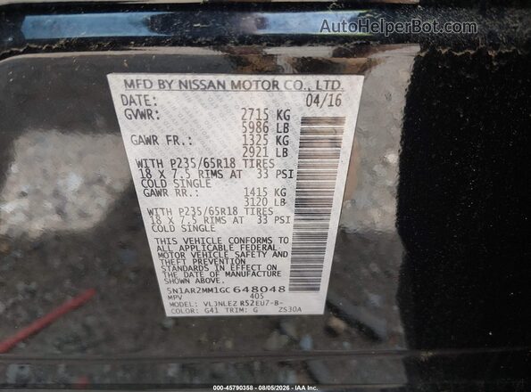 5N1AR2MM1GC648048 2016 NISSAN PATHFINDER Черный Вид подкапотного пространства