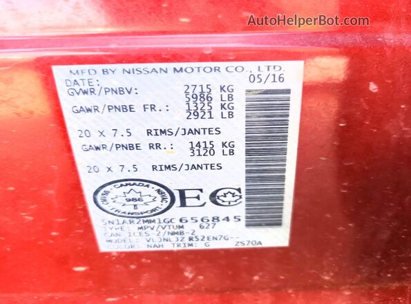 5N1AR2MM1GC656845 2016 NISSAN PATHFINDER Red VIN կոդի պիտակի տեսք