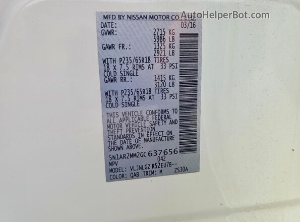 5N1AR2MM2GC637656 2016 NISSAN PATHFINDER White VIN კოდის სტიკერის ხედი
