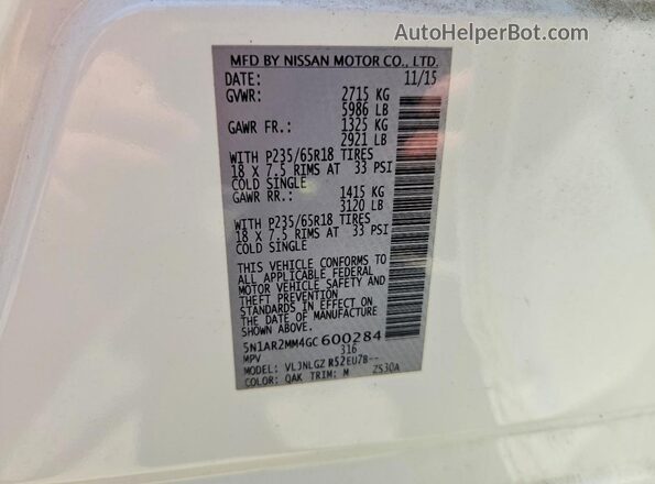 5N1AR2MM4GC600284 2016 NISSAN PATHFINDER White VIN կոդի պիտակի տեսք