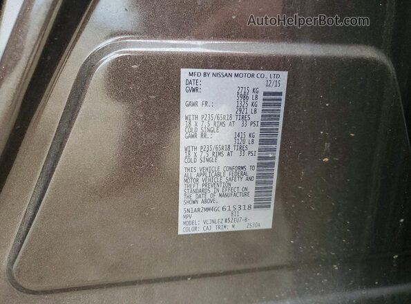5N1AR2MM4GC615318 2016 NISSAN PATHFINDER Brown VIN კოდის სტიკერის ხედი